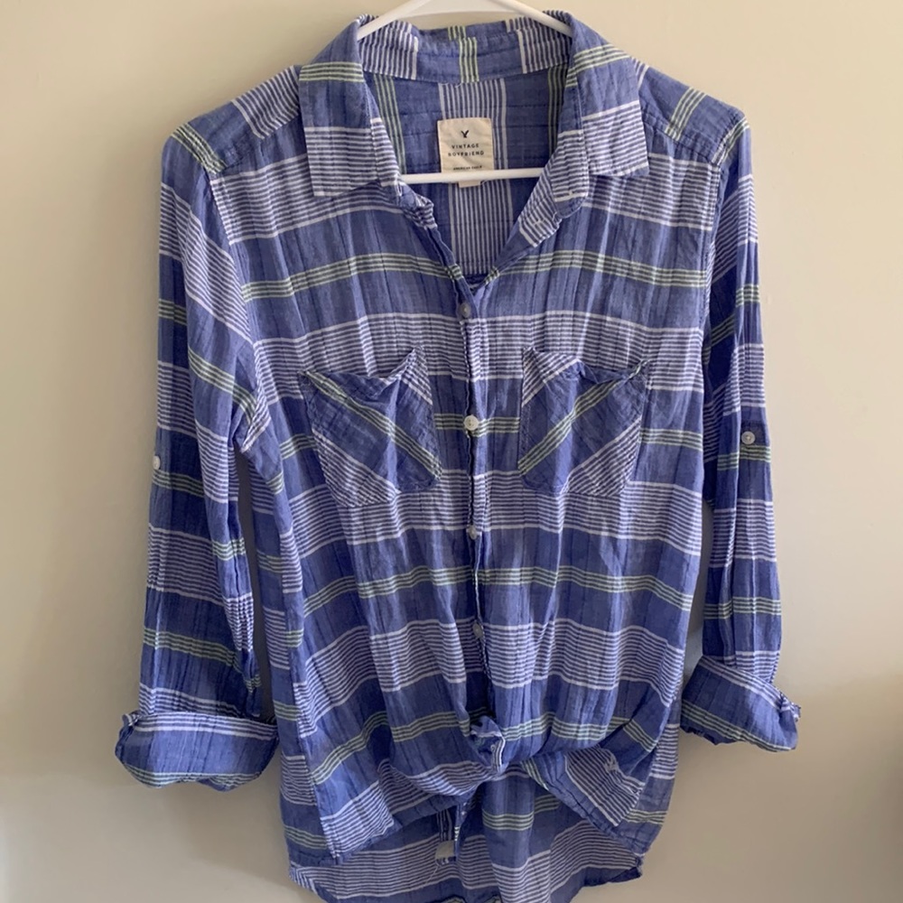 American eagle , button down, boyfriend shirt.